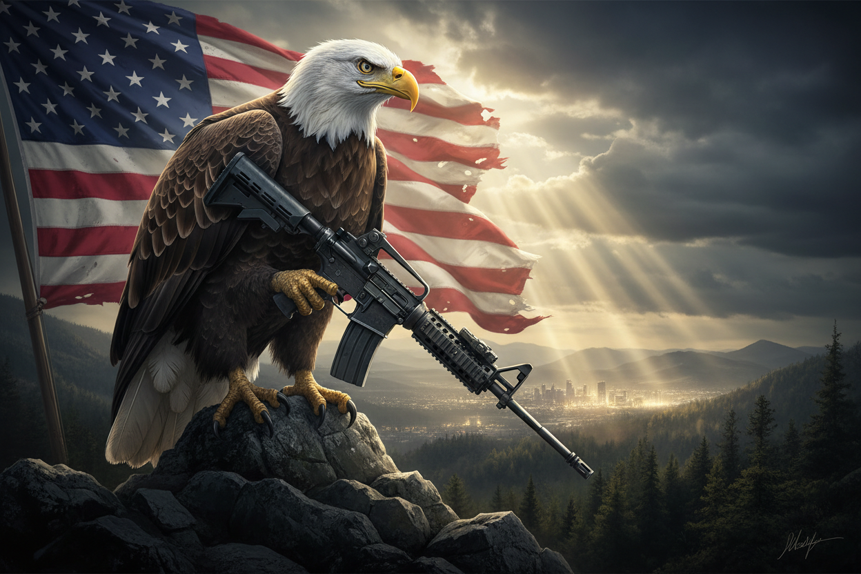 Bald Eagle Holding Firearm with American Flag